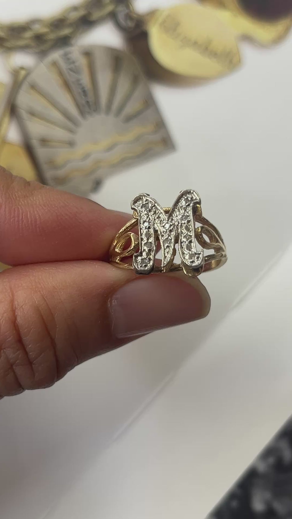 Vintage 14K Yellow Gold Letter “M” Diamond Ring