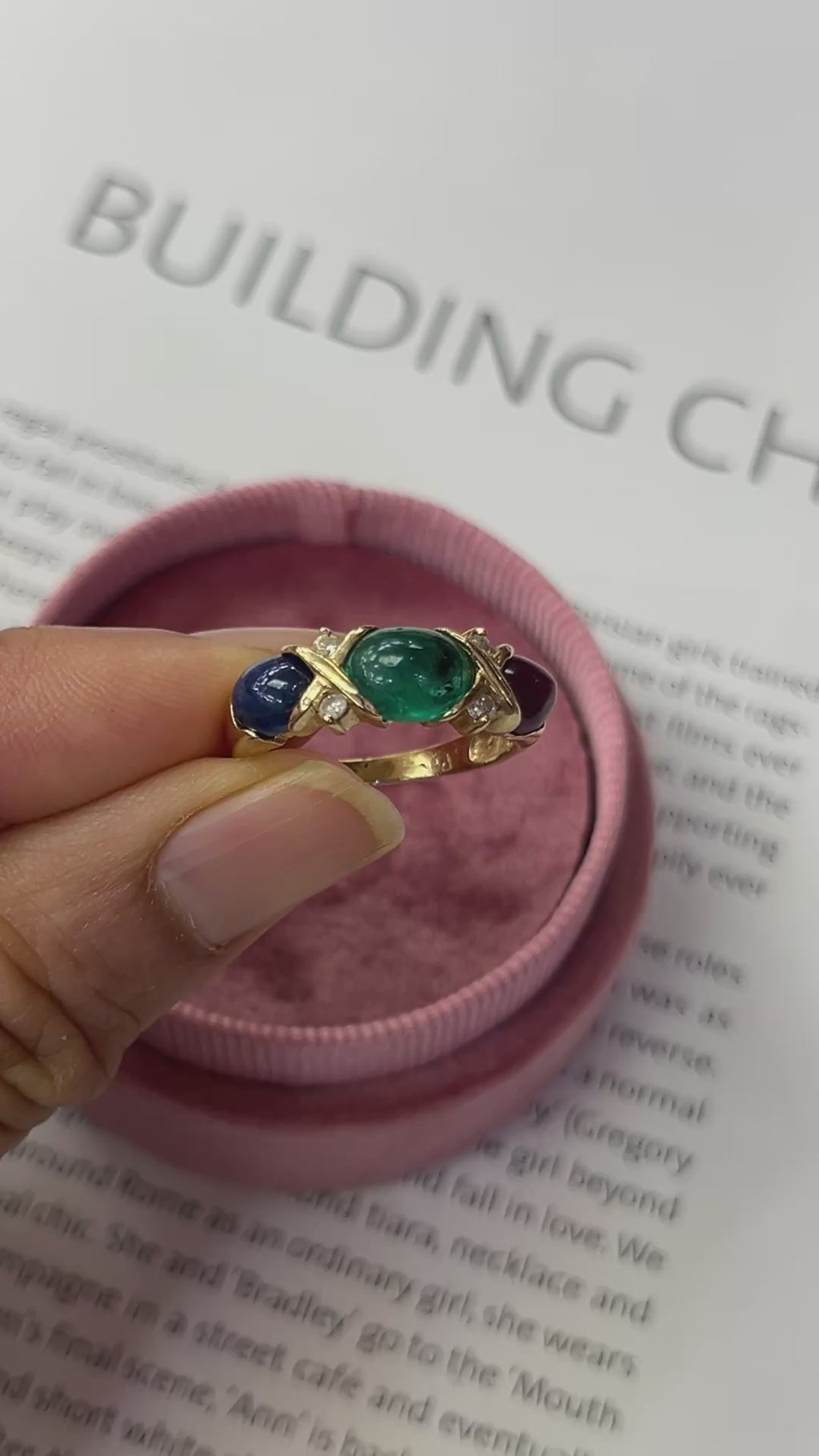 Vintage Three Stones Cabochon Emerald, Ruby And Sapphire 14K Yellow Gold Ring