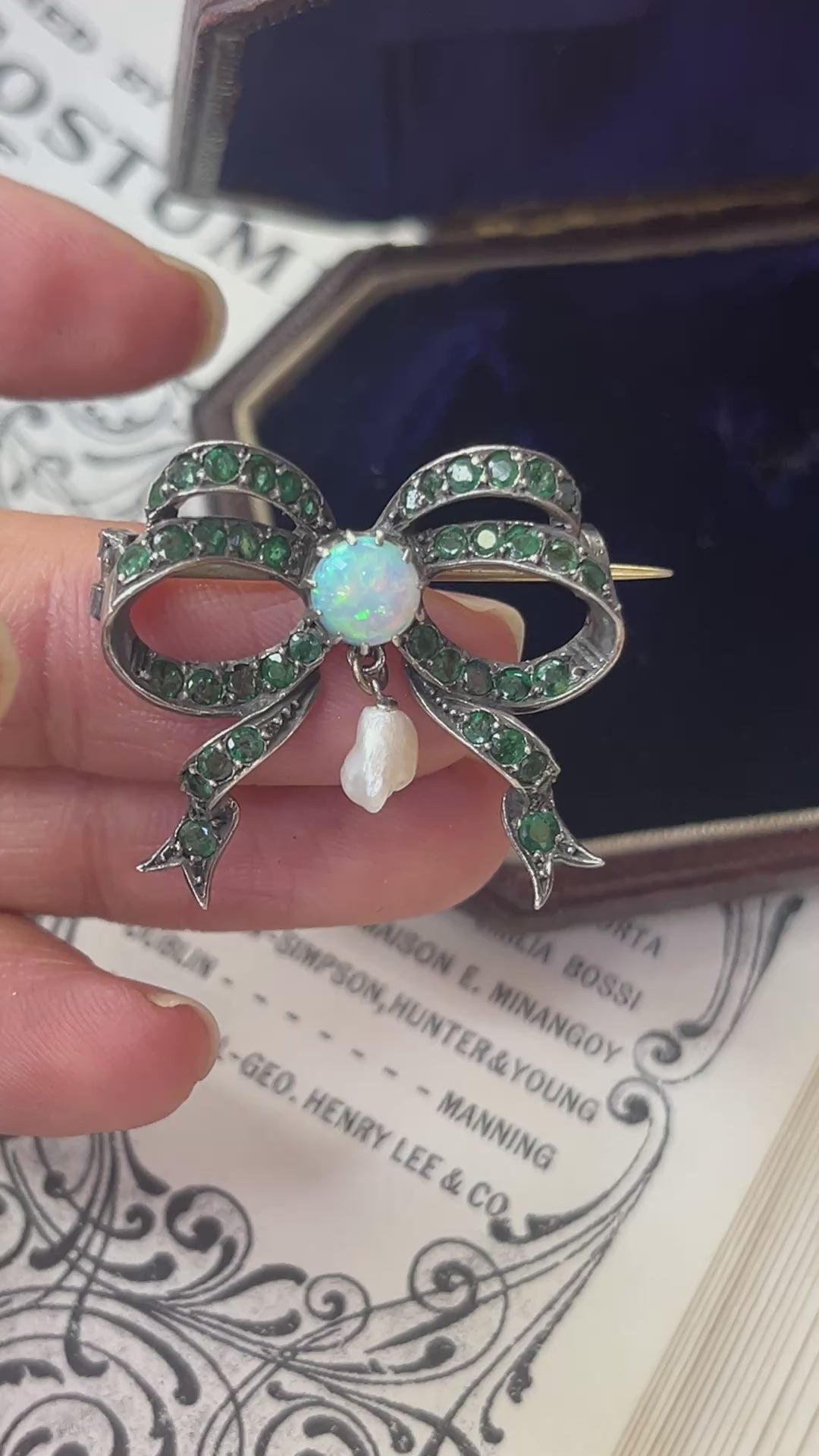 Antique Silver Emerald, Australian Opal And Pearl Brooch.
