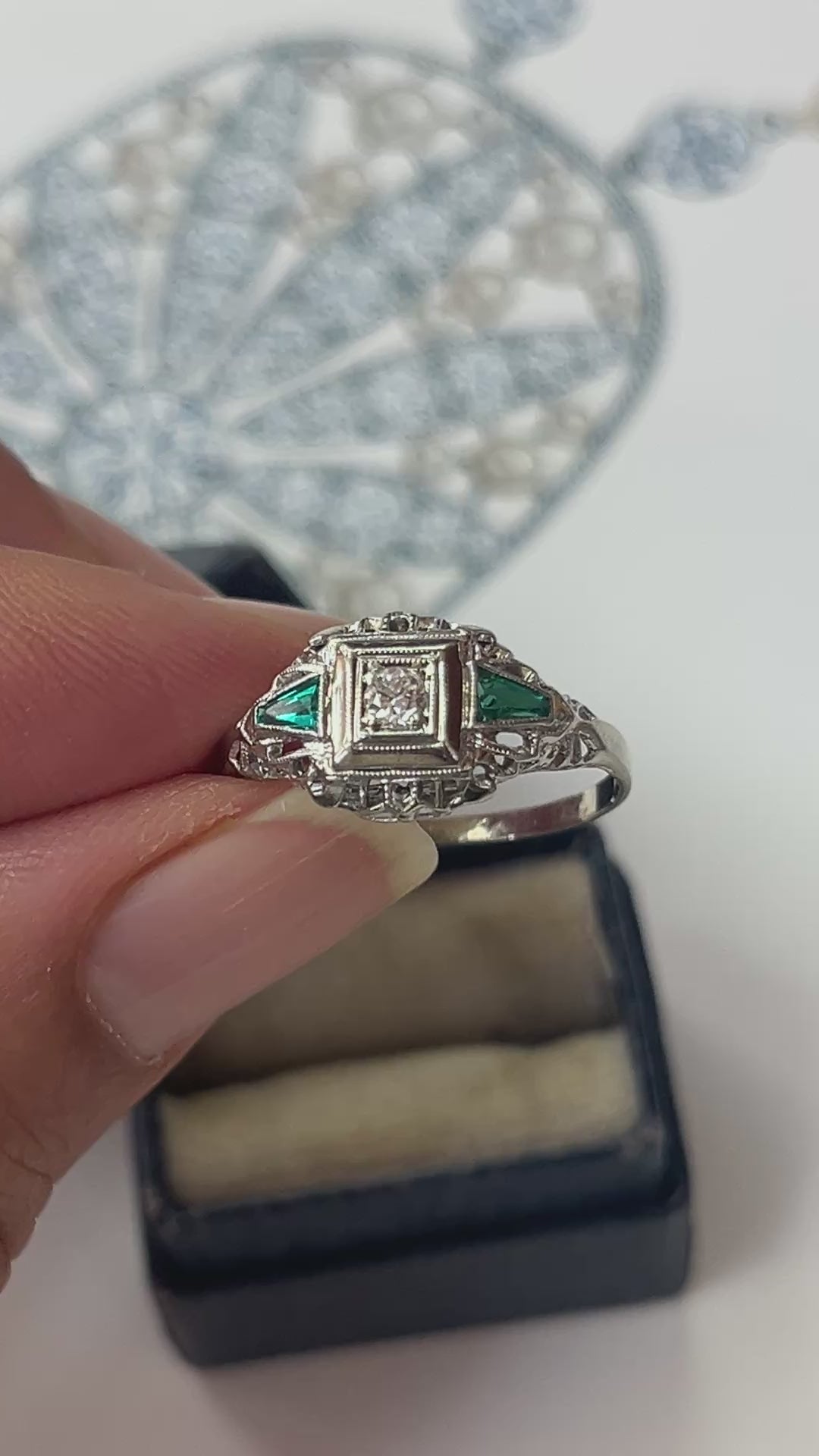 Art Deco Diamond & Emerald Filigree 18K White Gold Ring, Engagement Band