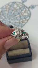 Load and play video in Gallery viewer, Art Deco Diamond &amp; Emerald Filigree 18K White Gold Ring, Engagement Band.
