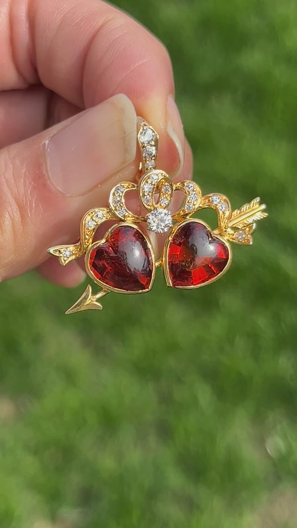 Antique 18K Yellow Gold Two Heart Citrine Diamond Pendant