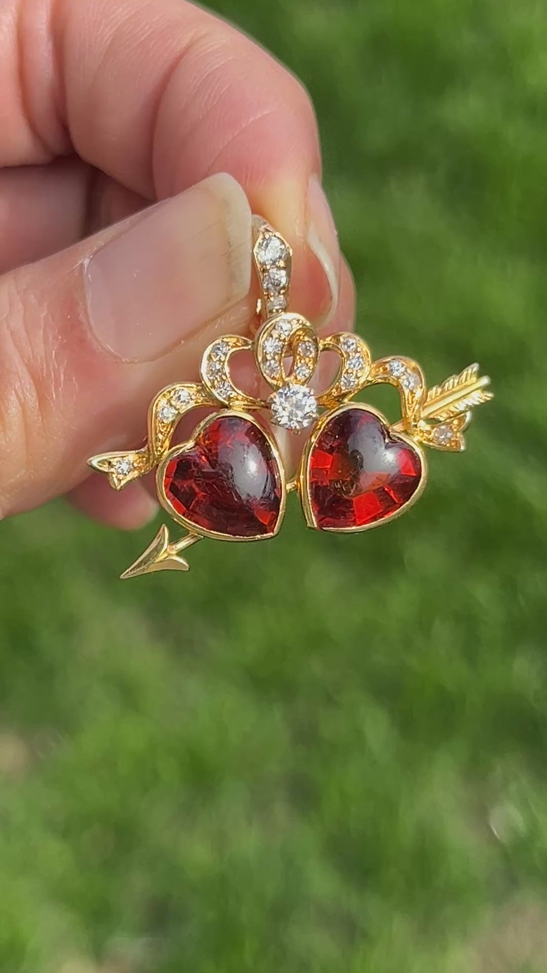 Antique 18K Yellow Gold Two Heart Citrine Diamond Pendant