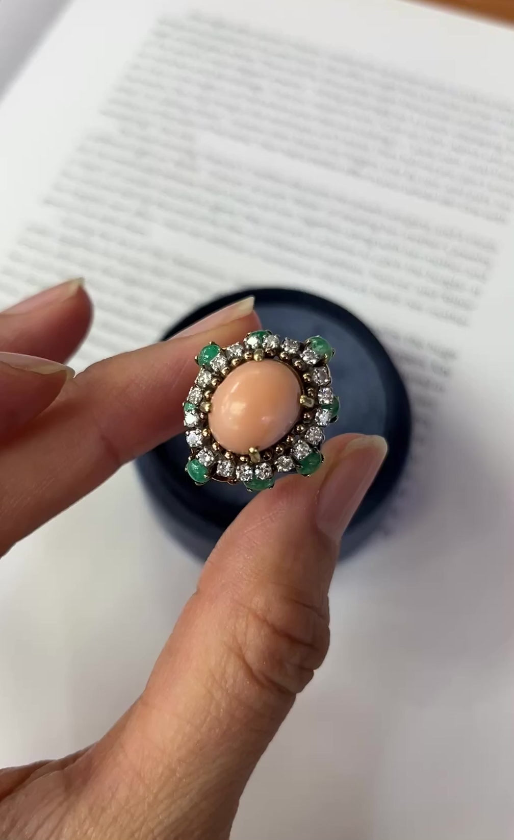 Vintage Angel Skin Coral Diamond & Emerald Halo Cocktail Ring