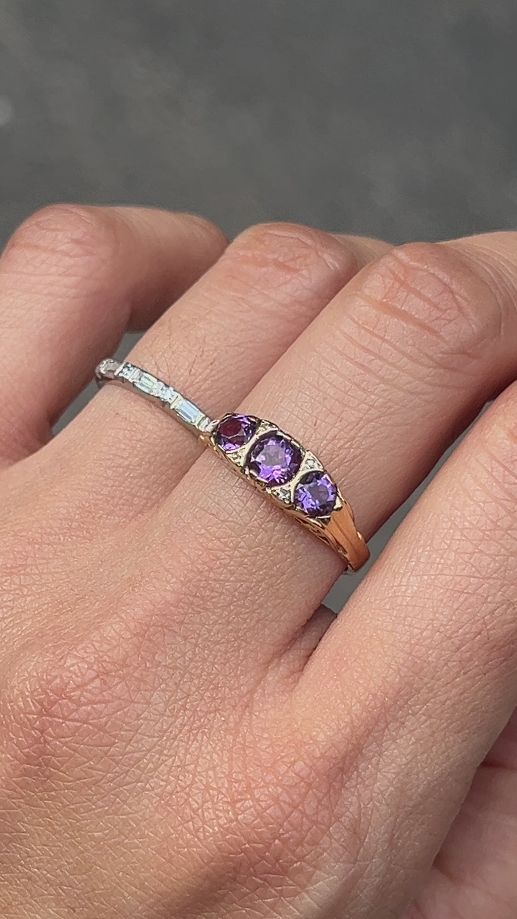 Victorian 14K Yellow Gold Three Stones Amethyst & Diamond Ring