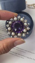 Load and play video in Gallery viewer, Antique Victorian 14K Yellow Gold Amethyst, Diamond and Pearl Brooch
