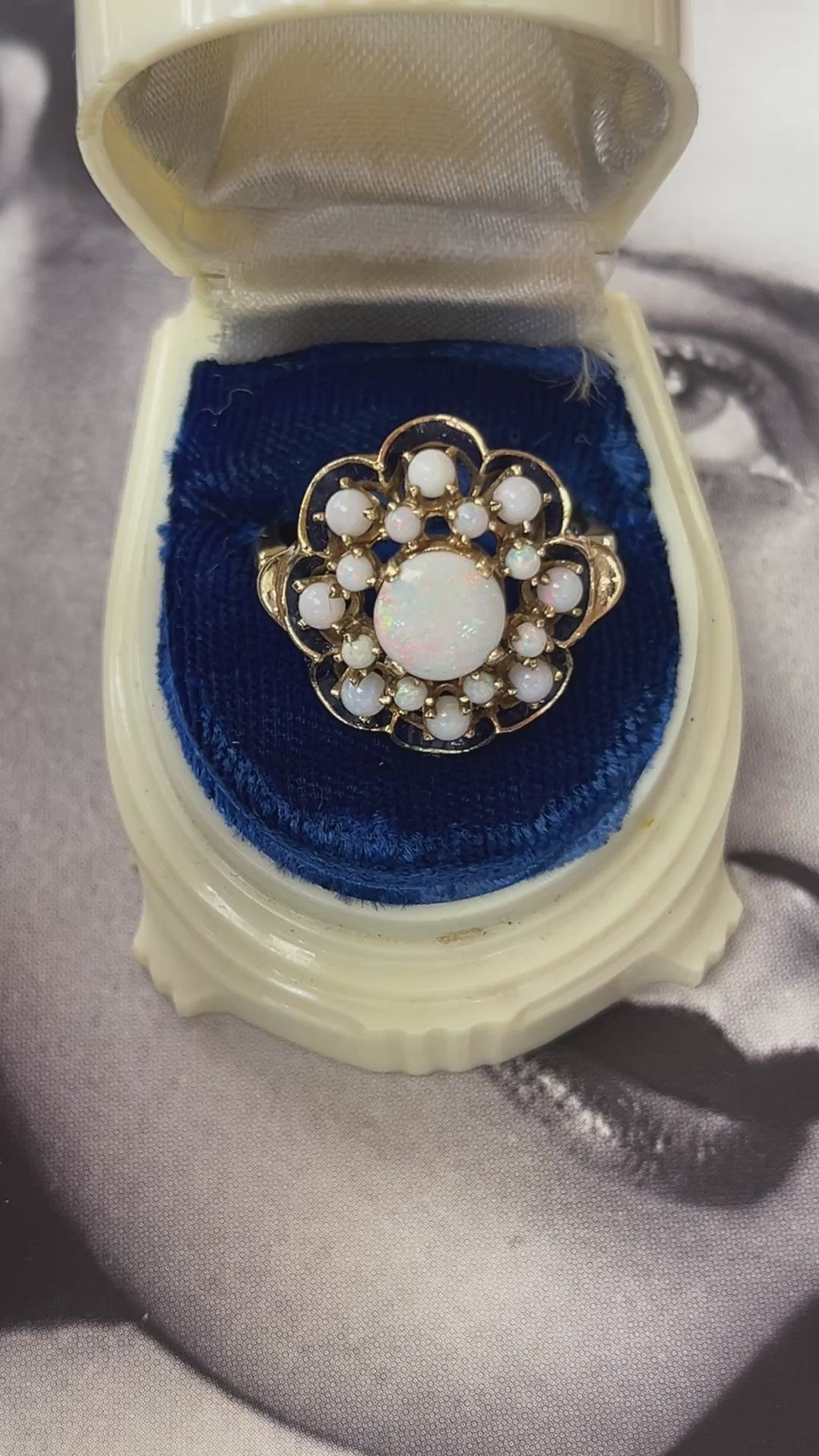 Antique 14K Yellow Gold Opal Black Enamel Cluster Ring