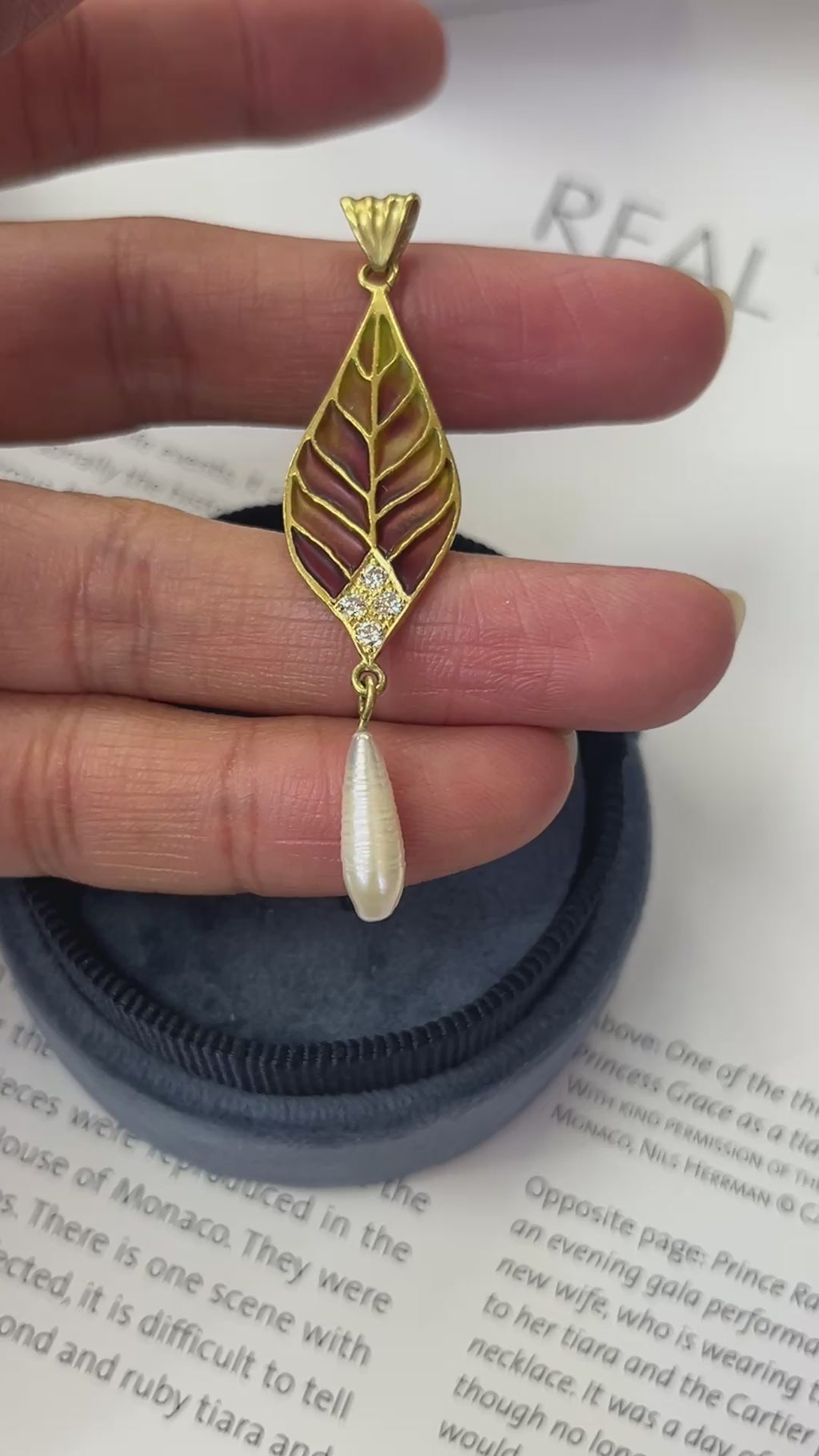 Vintage 18K Yellow Gold Plique A Jour Pearl Diamond Leaf Pendant
