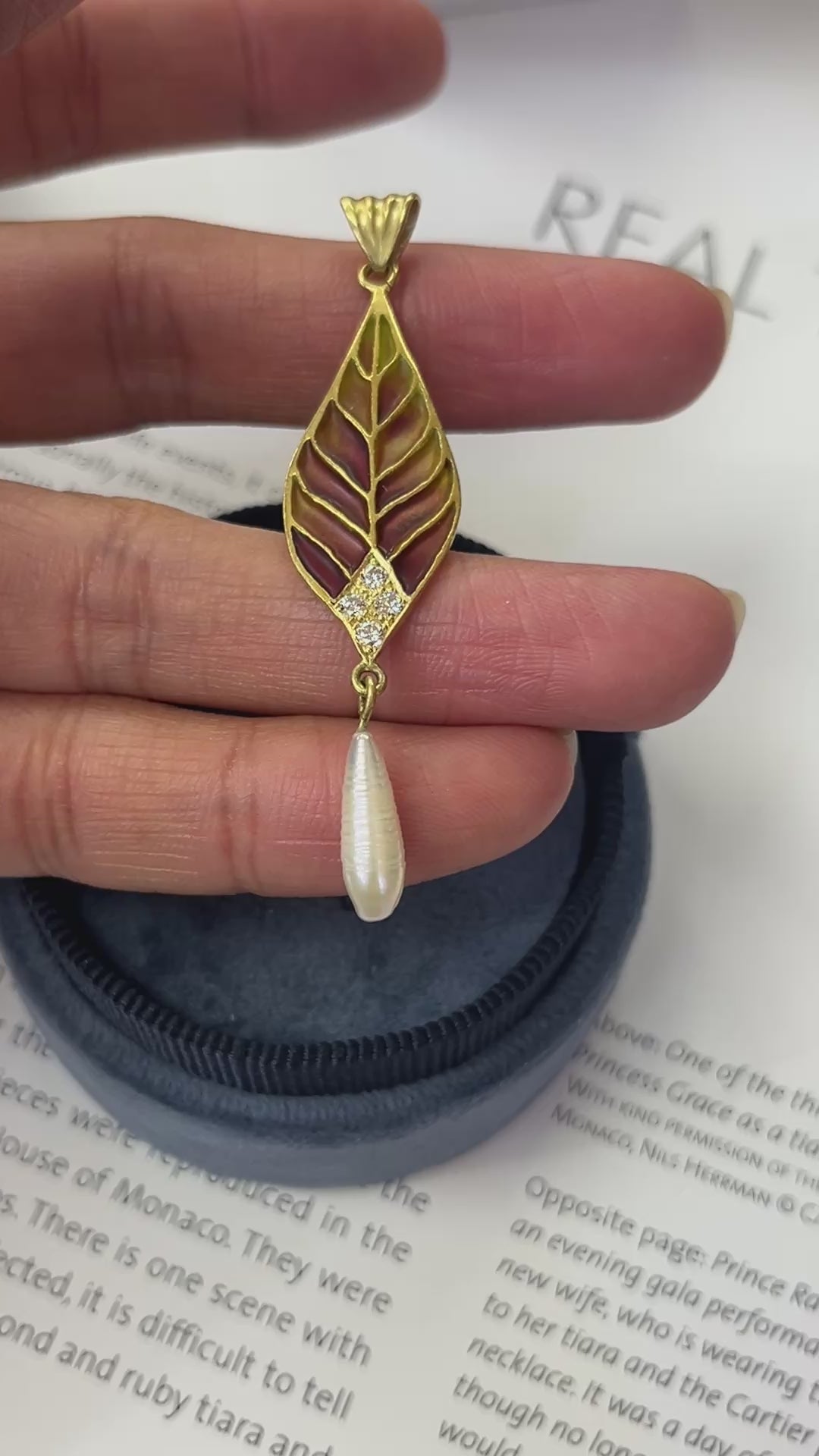 Vintage 18K Yellow Gold Plique A Jour Pearl Diamond Leaf Pendant