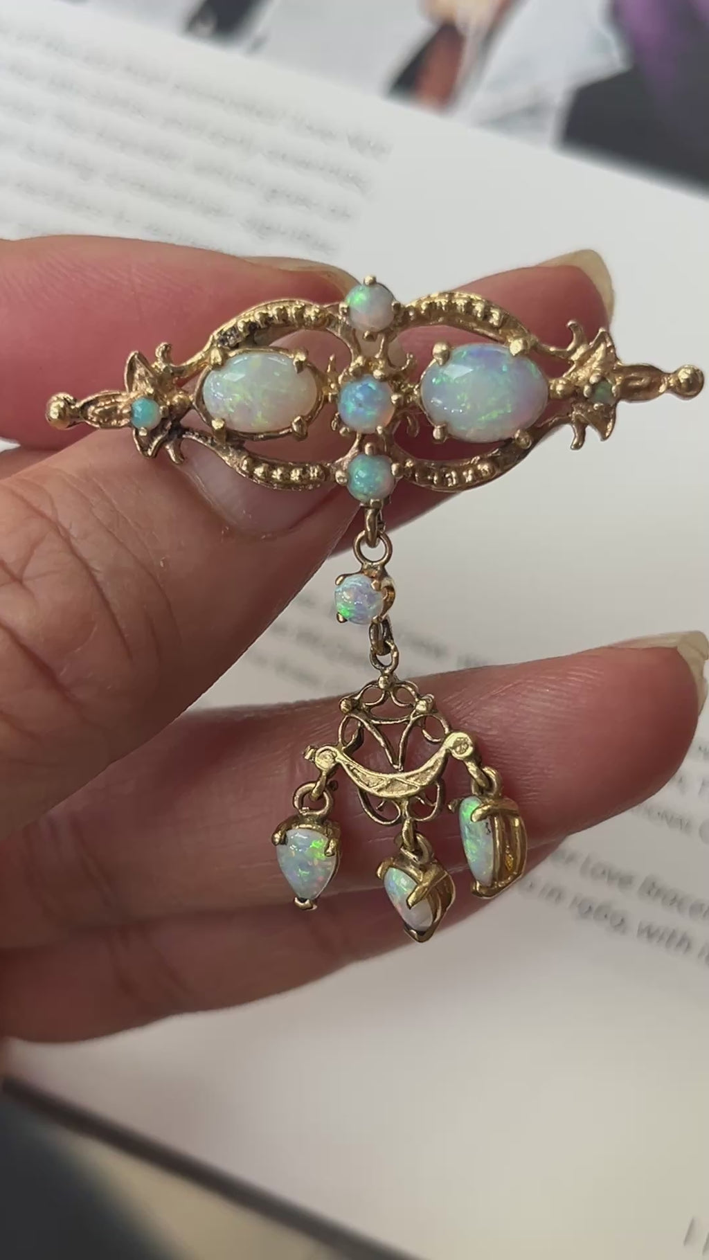 Antique Victorian Opals 14K Yellow Gold Dangle Pendant Brooch Pin