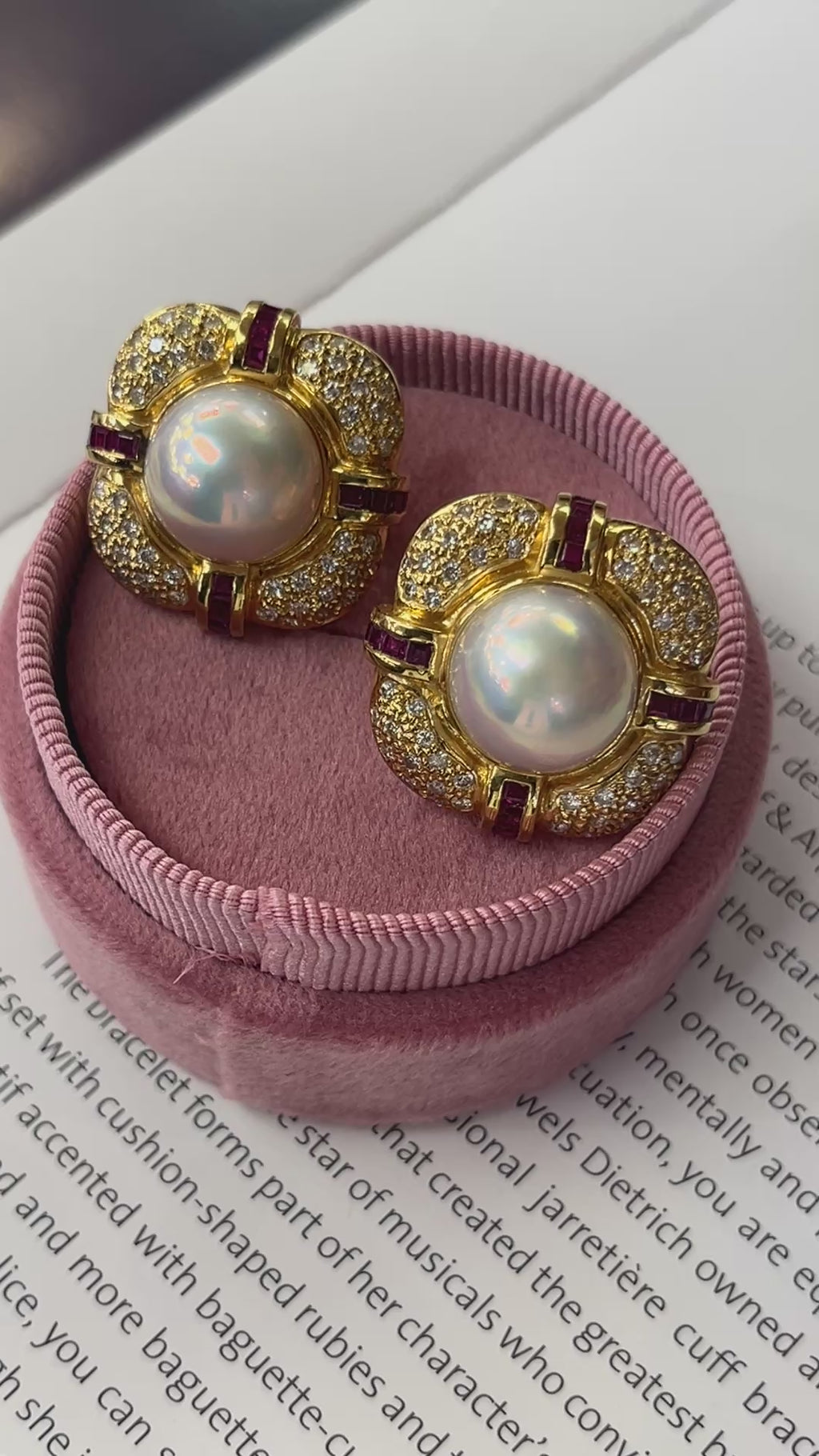 Vintage Mabe Pearl Diamond & Ruby Button Clip Earrings
