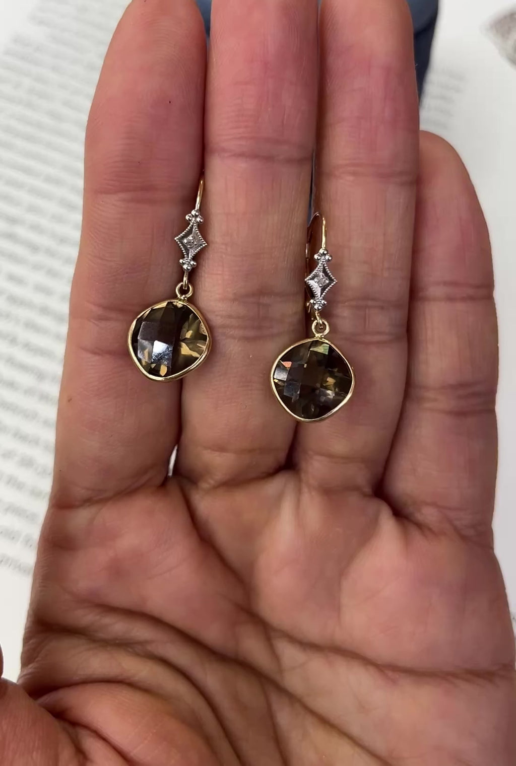 Minimalist Smoky Quartz 14K Yellow Gold Dangling Earrings.