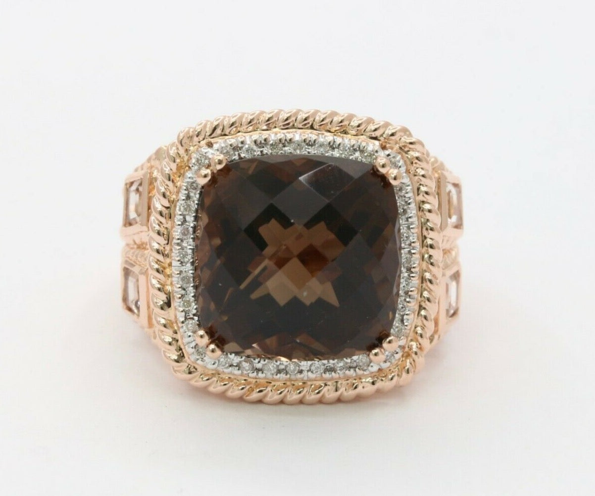Vintage 14K Rose Gold 4 Carat Smoky Quartz Diamond Statement Ring