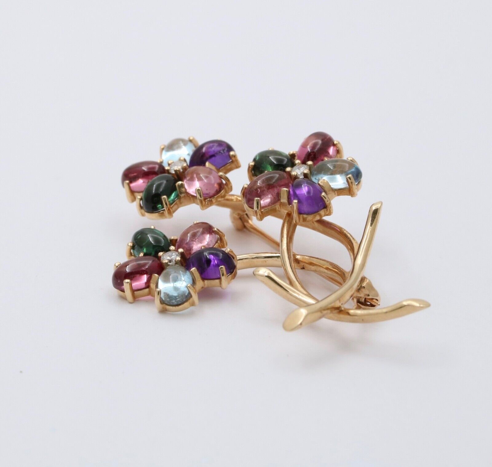 Vintage 14K Gold Multi Color Stones Diamond Flower Bouquet Brooch. Pin.