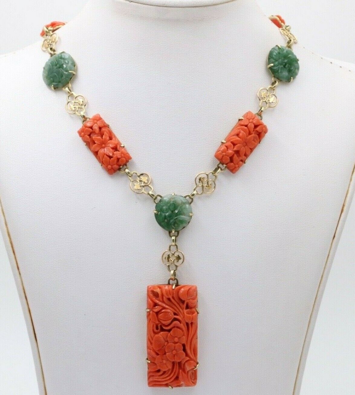 Vintage 14K Yellow Gold Circa 1930’s Carved Coral & Jade Necklace,
