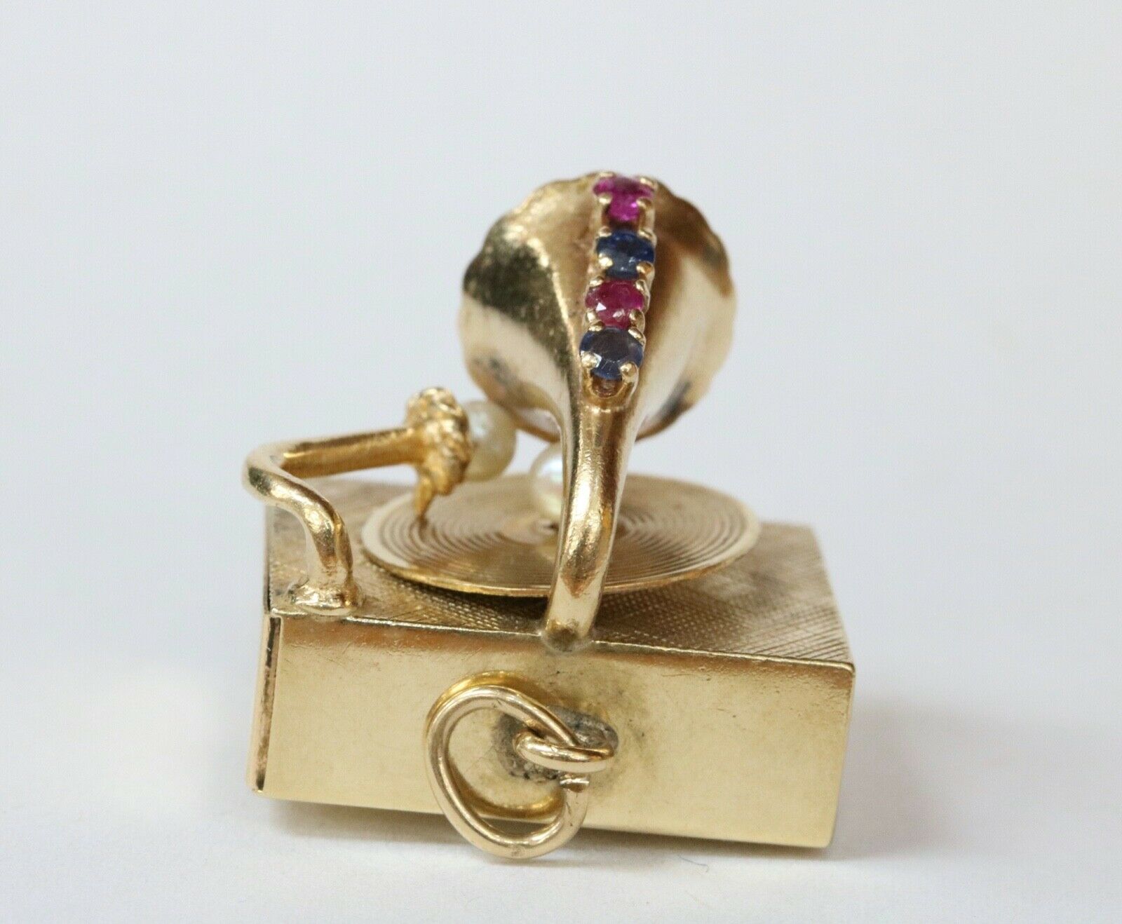 Rare Vintage Phonograph 14K Yellow Gold RubIes Sapphires Pearls Pendant Charm