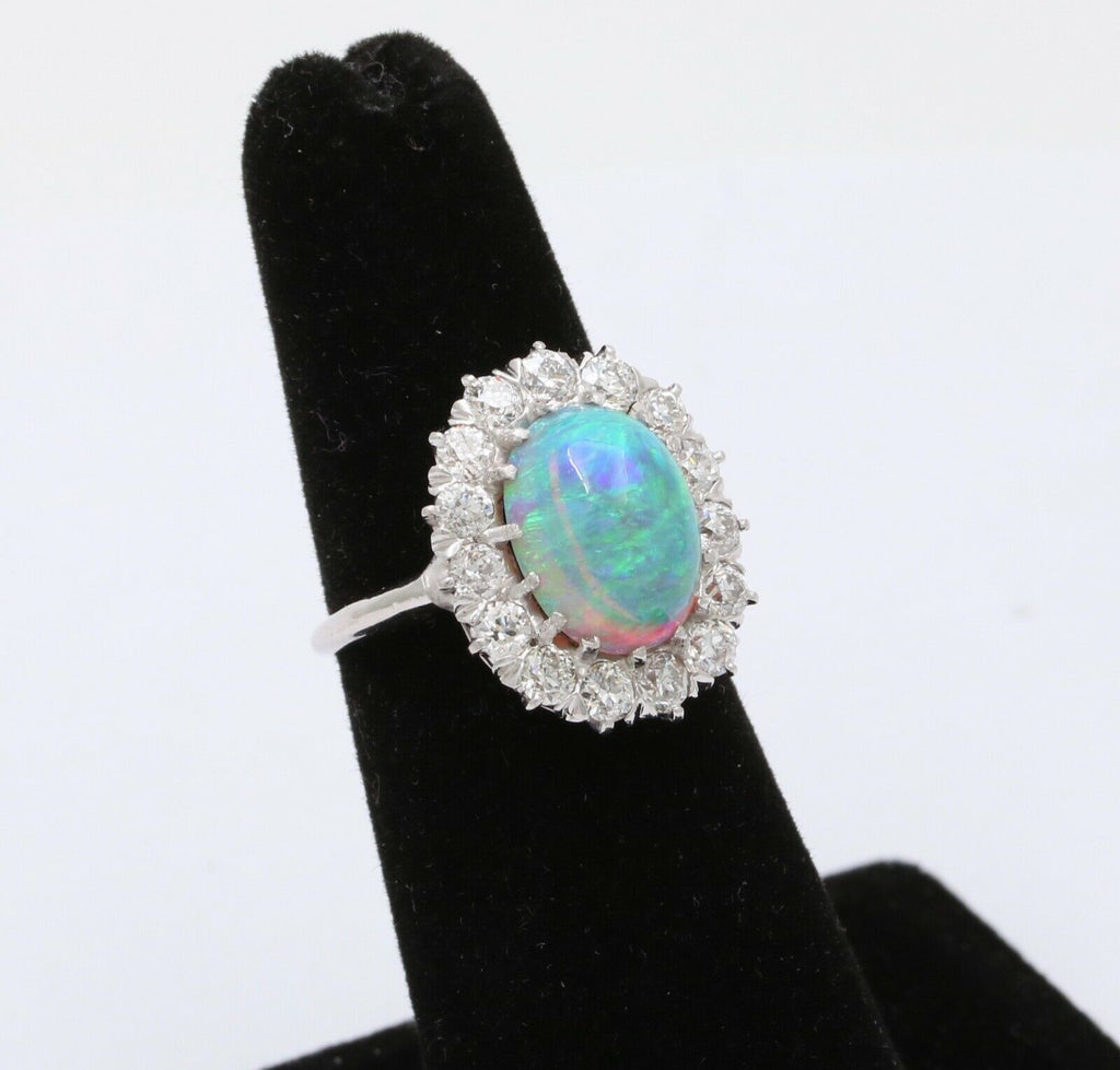 Art Deco Platinum Australia Opal & Old Mine Cut Diamond Halo Engagement Ring
