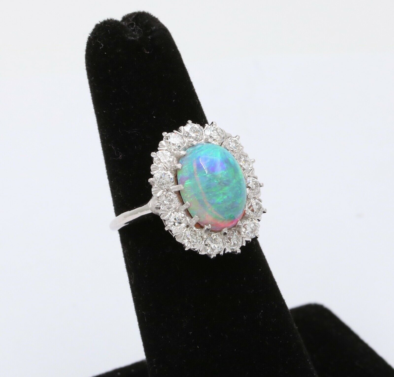 Art Deco Platinum Australia Opal & Old Mine Cut Diamond Halo Engagement Ring