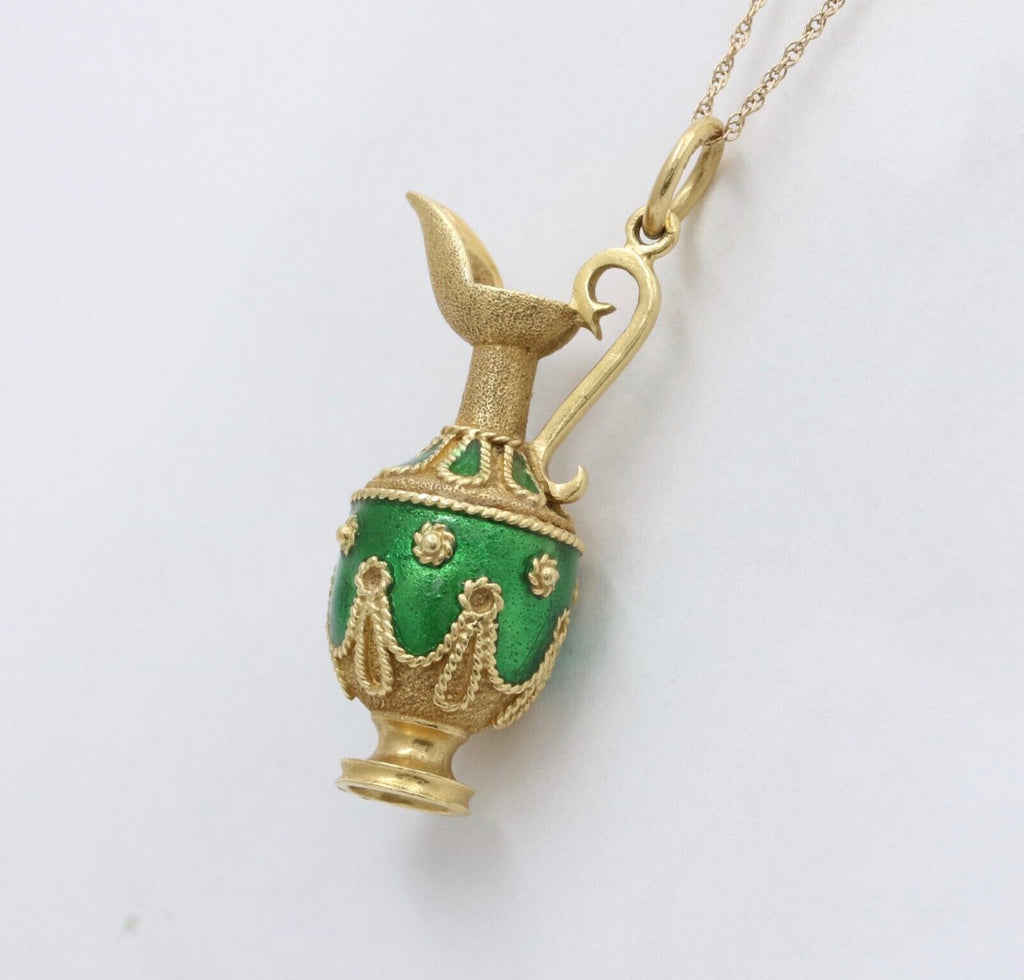 Vintage 18K yellow Gold Green Enamel European Jug Pitcher Charm Pendant.