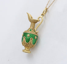 Load image into Gallery viewer, Vintage 18K yellow Gold Green Enamel European Jug Pitcher Charm Pendant.
