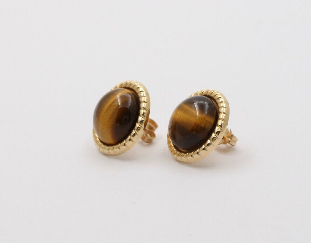 Vintage Tiger's Eye 14K Yellow Gold Earrings