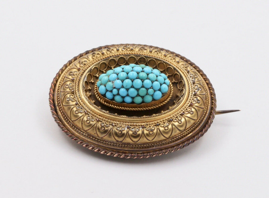 Victorian Etruscan Revival Turquoise 10K Yellow Gold Brooch Pendant Momento