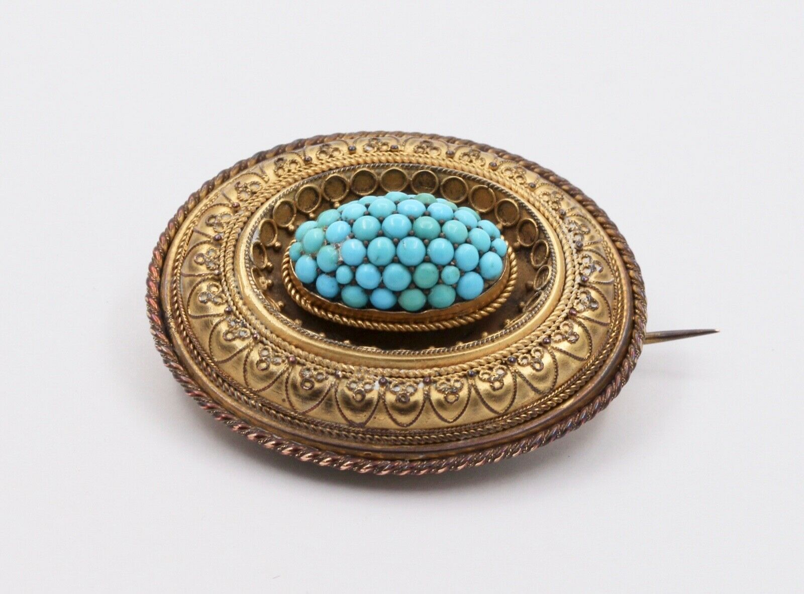 Victorian Etruscan Revival Turquoise 10K Yellow Gold Brooch Pendant Momento