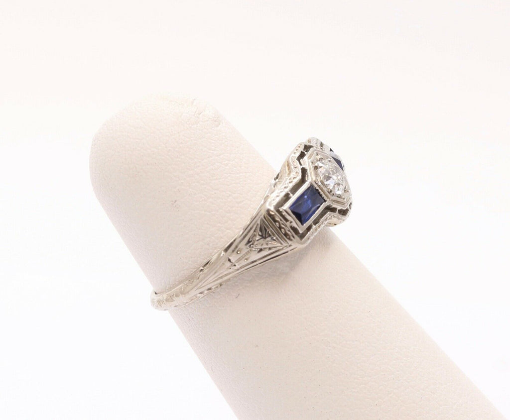Art Deco 18K White Gold Diamond & Synthetic Sapphire Ring
