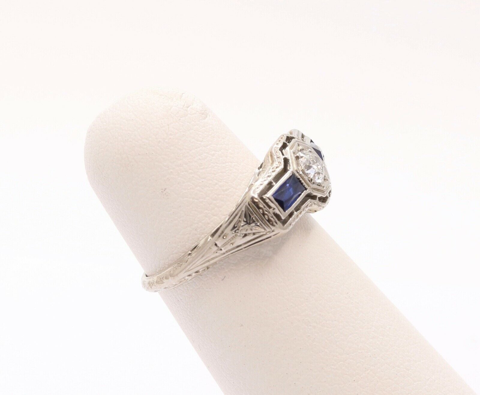Art Deco 18K White Gold Diamond & Synthetic Sapphire Ring