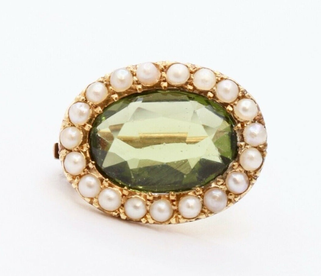 Edwardian 18K 14K Yellow Gold Peridot Seed Pearls Brooch Pin