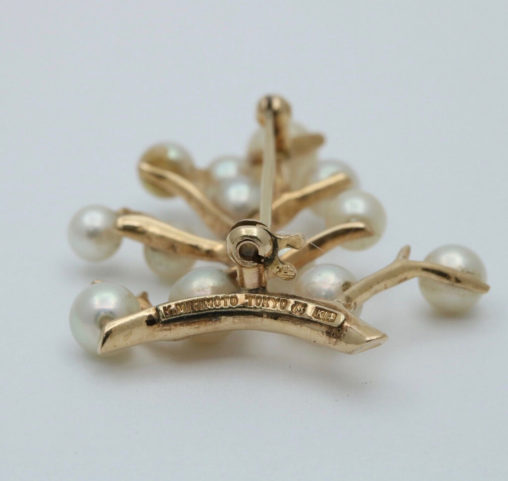 Vintage Mikimoto 14K Yellow Gold Cultured Akoya Pearl Branching Flower Brooch