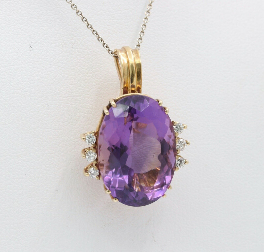 Vintage Ladies Amethyst Diamonds 14K Yellow Gold Pendant