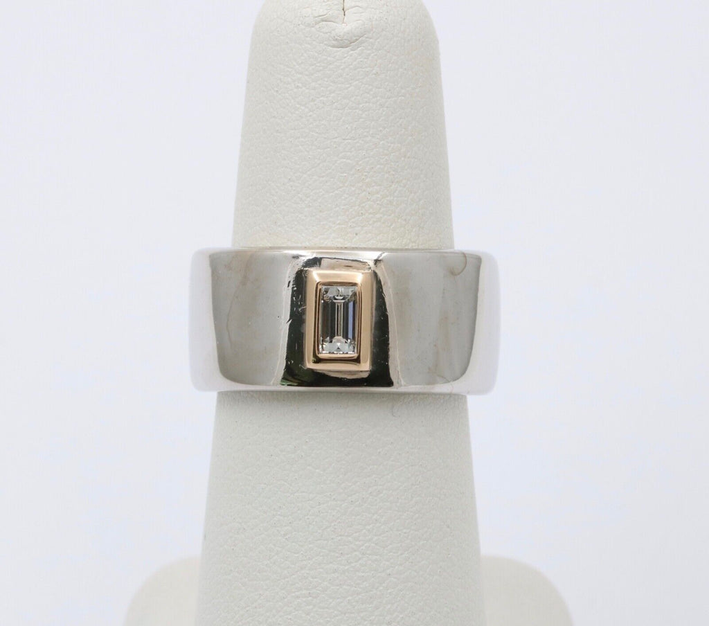 Funky 18K Gold Step Cut Baguette Diamond Wide Cigar Band, Stacking Ring.
