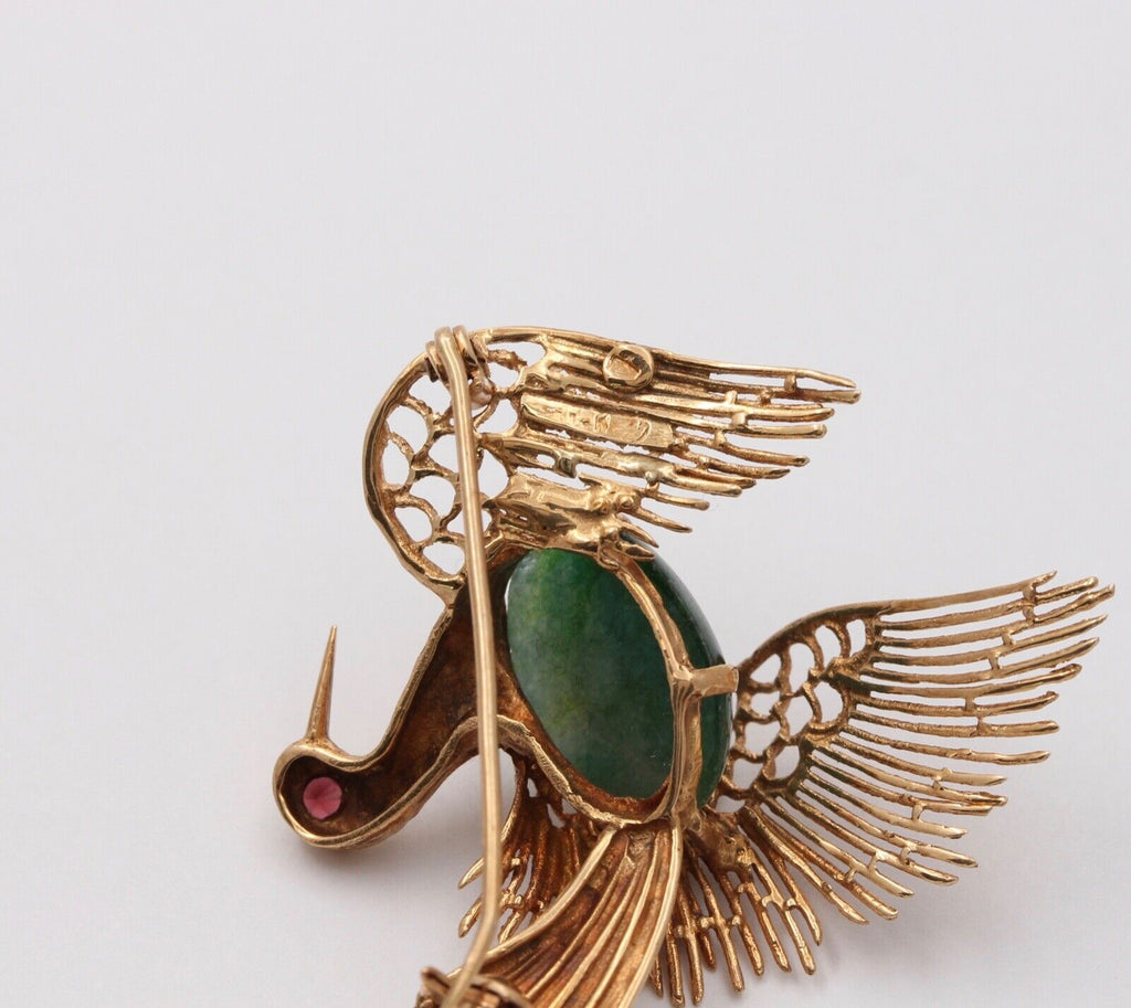 Vintage Estate Jadeite Jade Crane 14K High Relief Bird Brooch, Pin