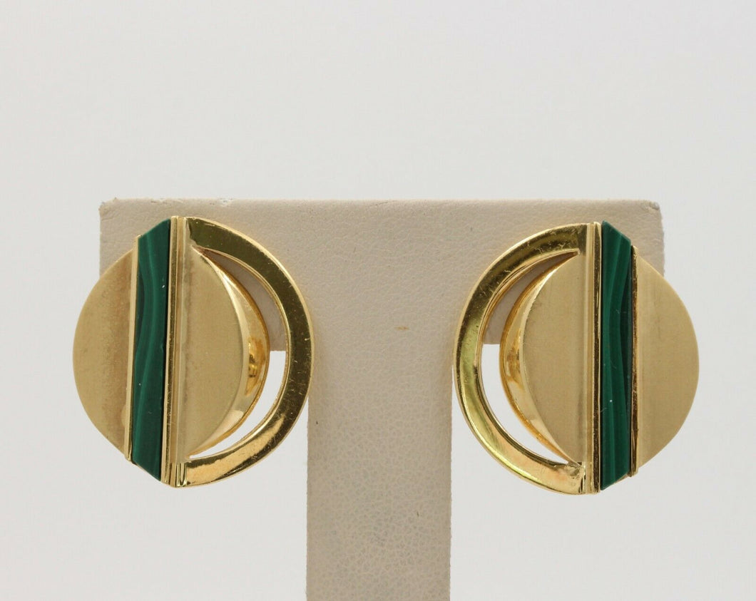 1970's 18K Yellow Gold Malachite Clip Earrings