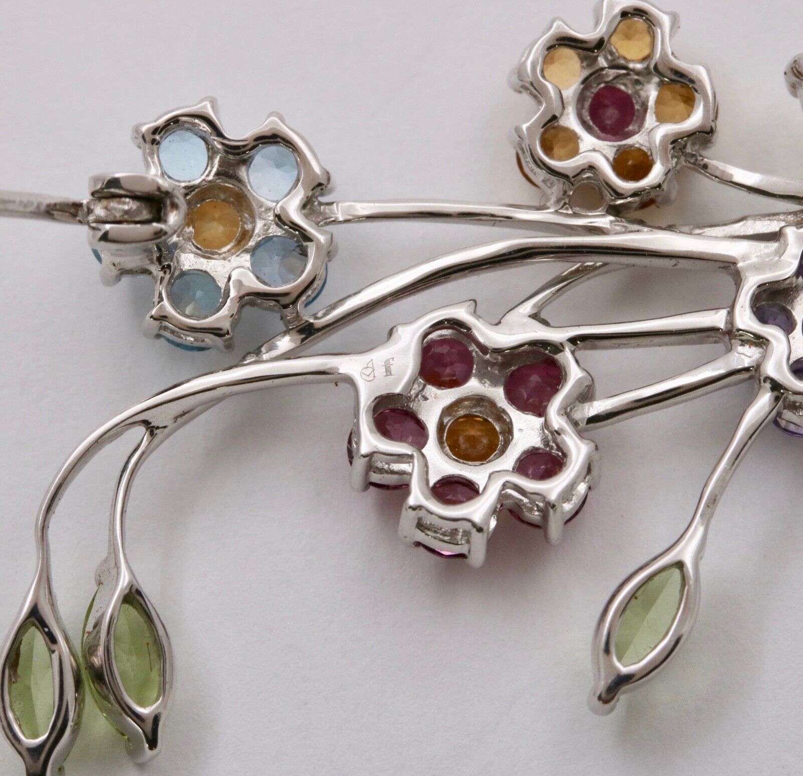 Vintage Flower Bouquet Multi Stone 14K White Gold Brooch
