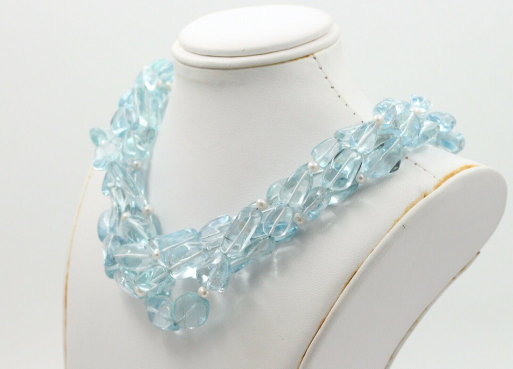 Vintage Sterling Silver Aquamarine Bead Pearl Quadruple Strand Necklace