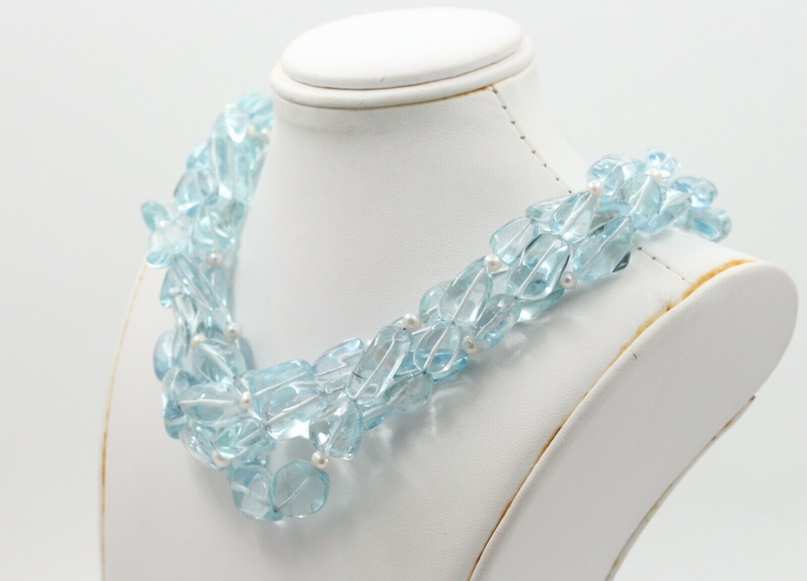 Vintage Sterling Silver Aquamarine Bead Pearl Quadruple Strand Necklace
