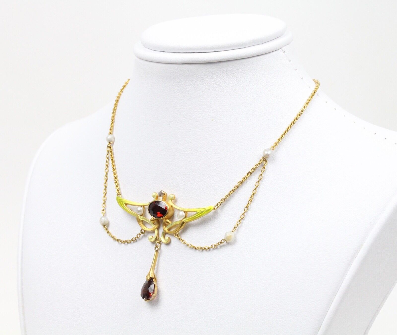Art Nouveau 14K Yellow Gold Garnet & Pearl Enamel Festoon Necklace.