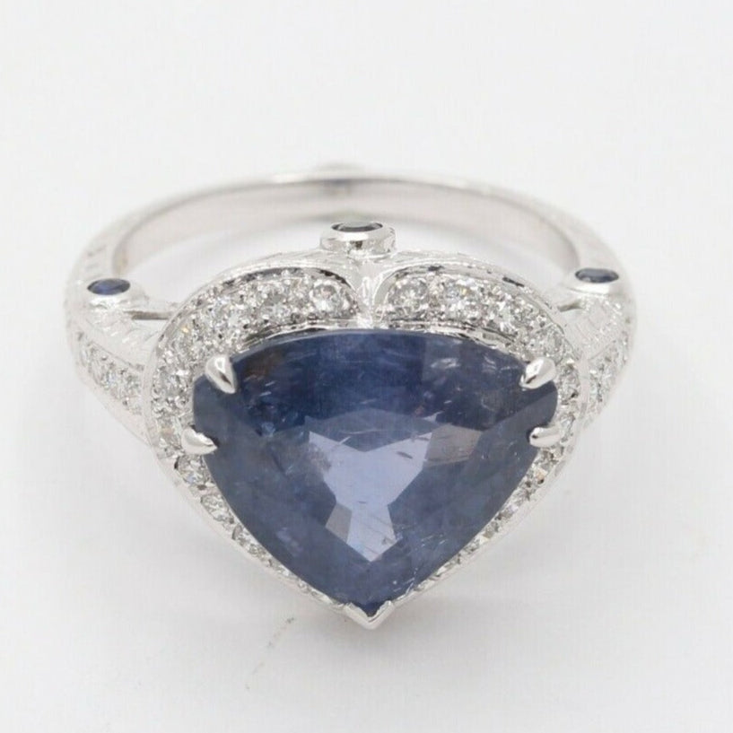 Vintage 18K White Gold Trillion- Cut Sapphire Diamond Halo Ring
