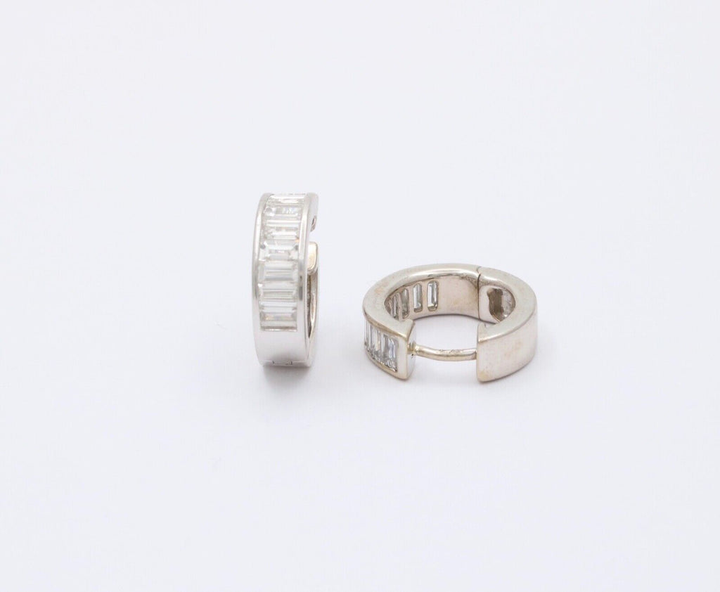 Vintage Baguette Diamonds 14K White Gold Huggie Earrings