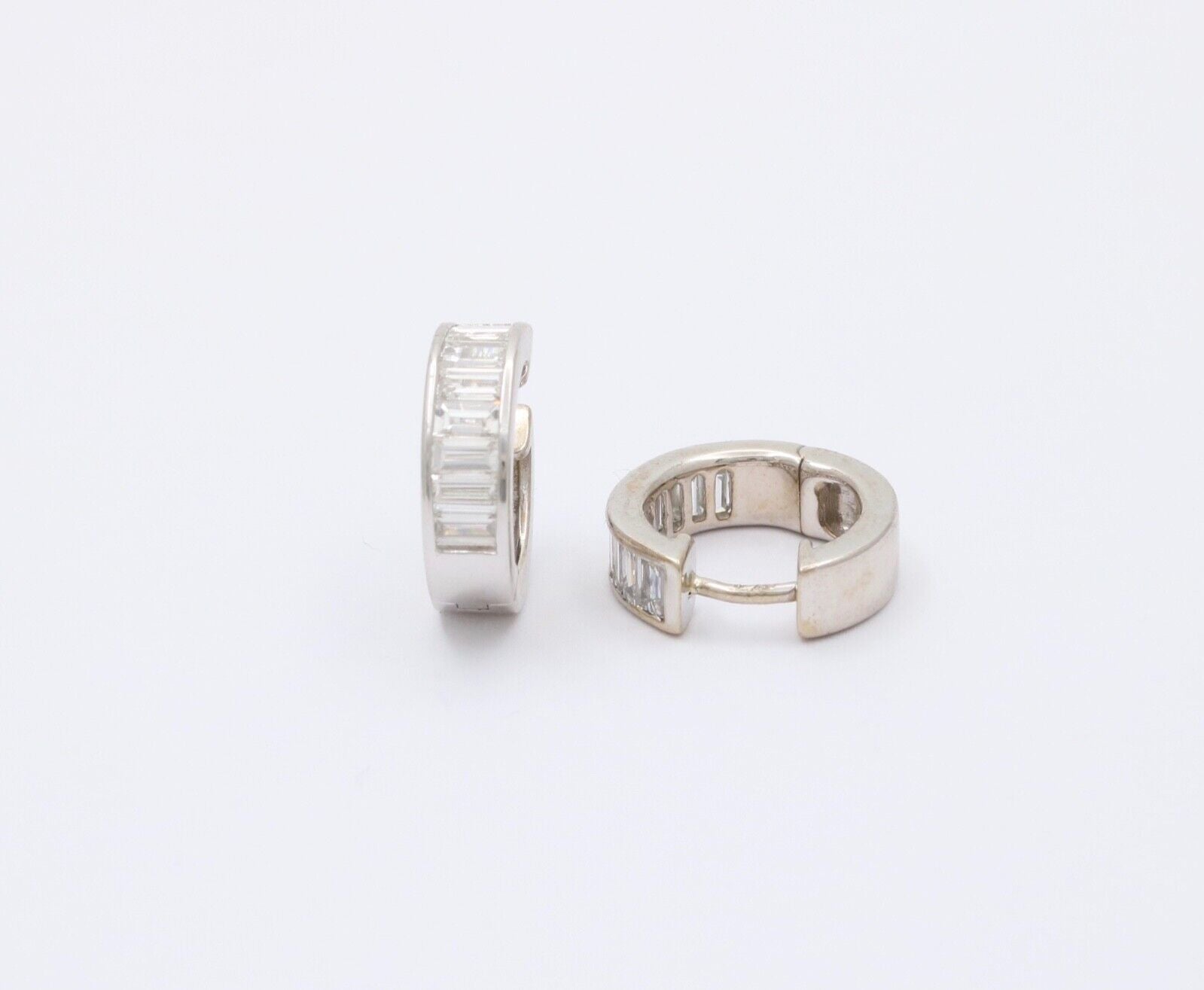 Vintage Baguette Diamonds 14K White Gold Huggie Earrings