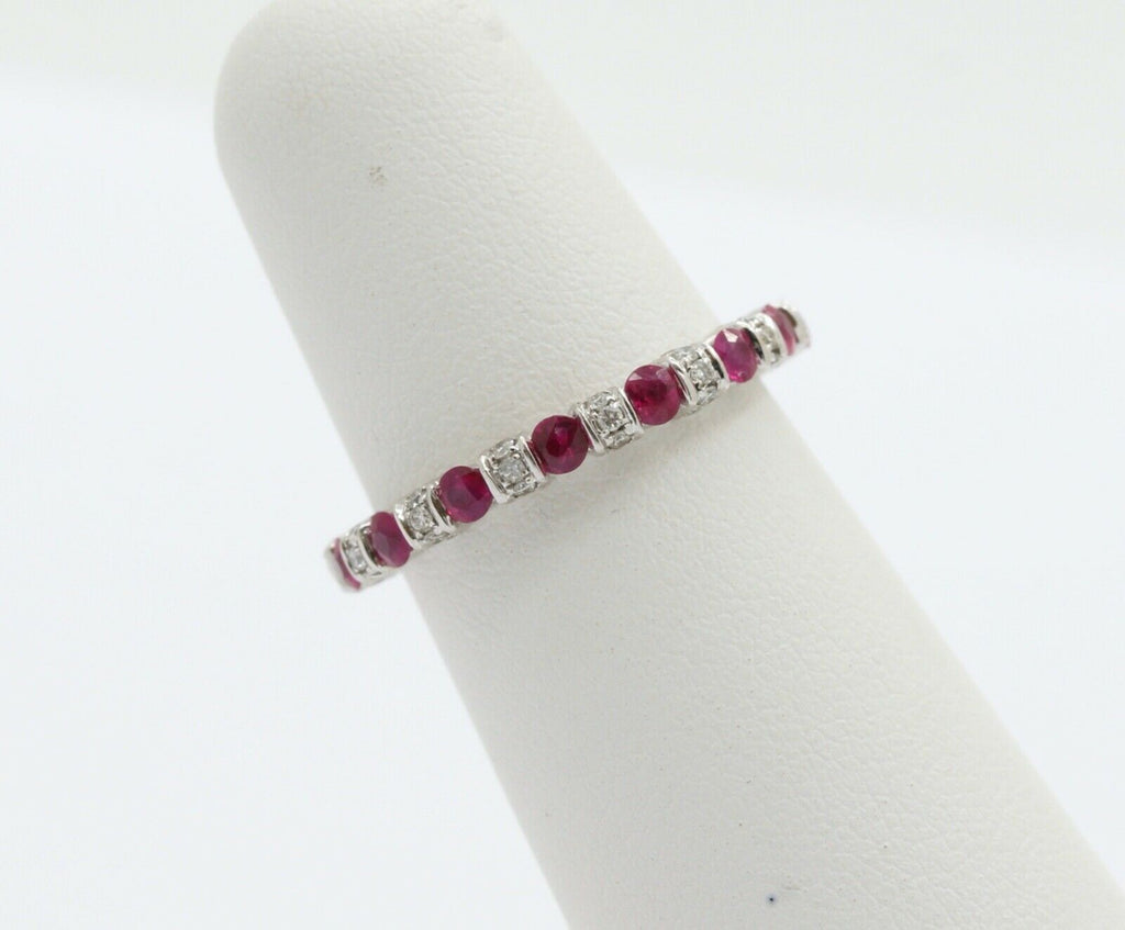 Ladies 18K White Gold Diamonds Rubies Stacking Eternity Band