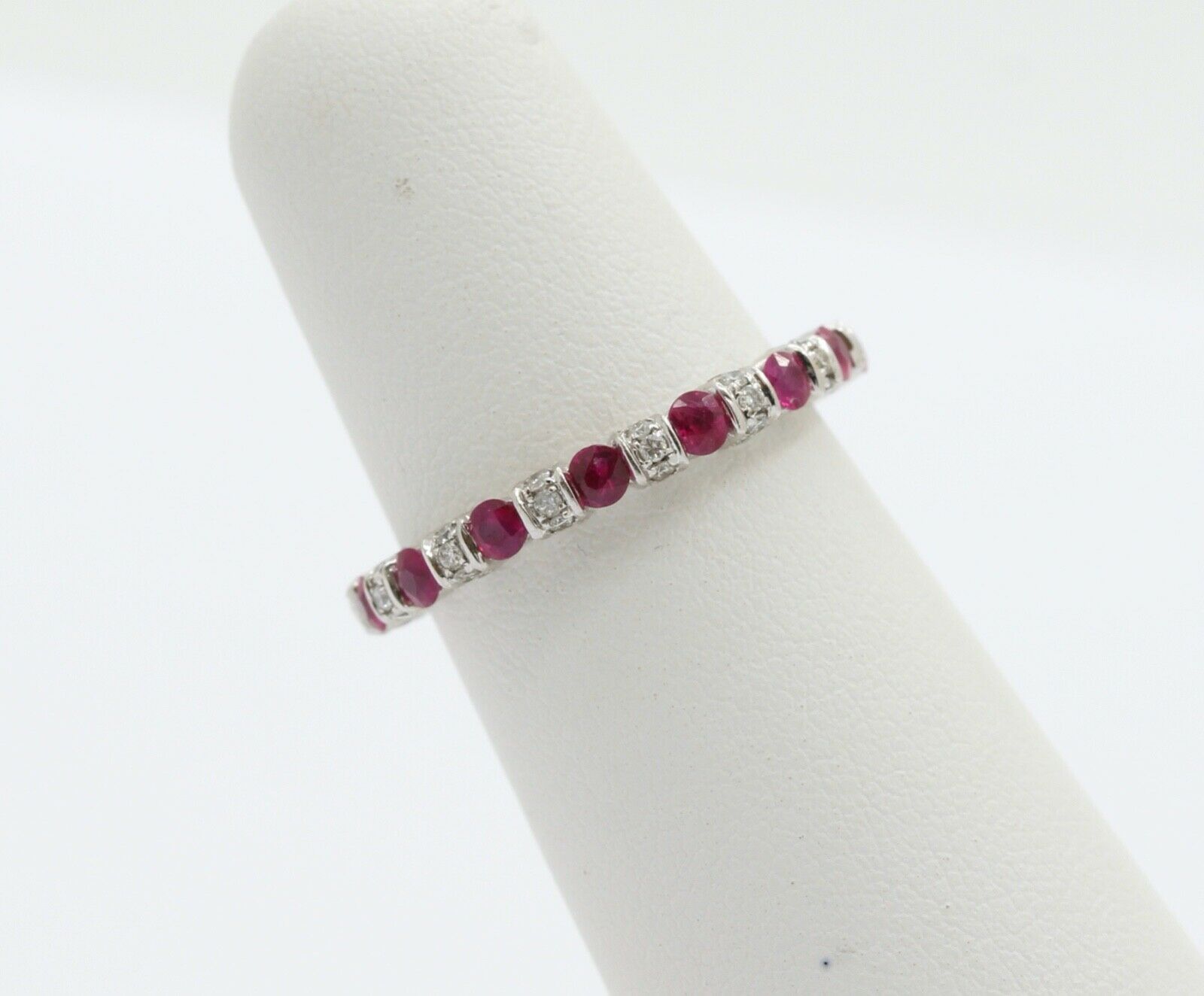 Ladies 18K White Gold Diamonds Rubies Stacking Eternity Band