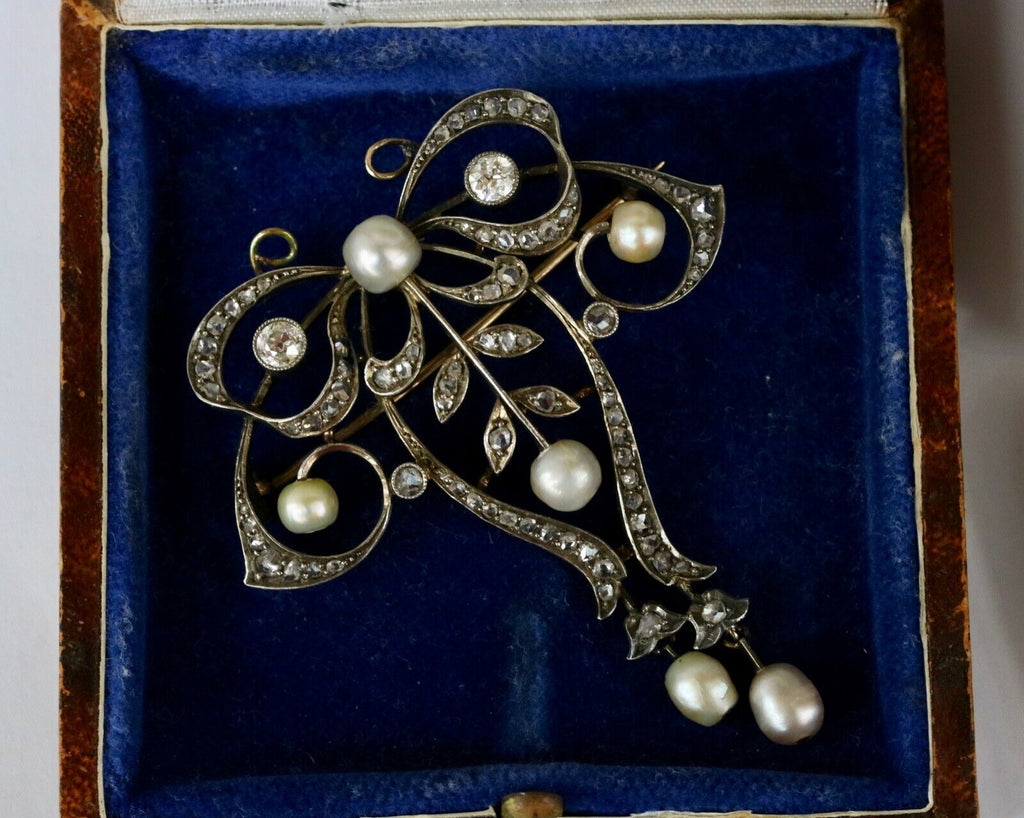 Victorian Gold Over Silver Diamonds Pearls Brooch Pendant
