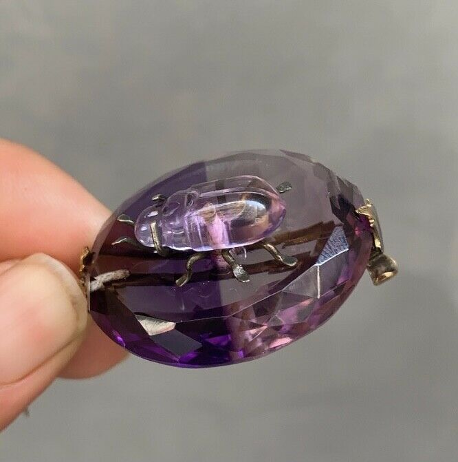Victorian Scarab Bettle Carved Amethyst 14K yellow Gold Brooch Pin