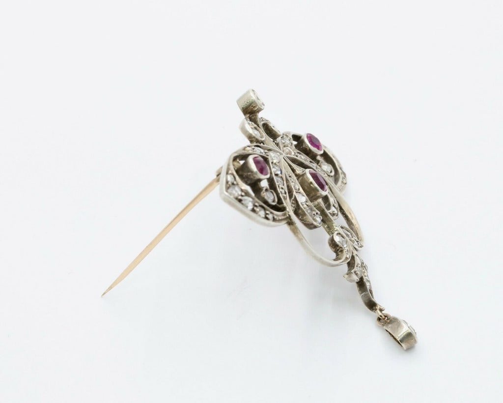 Edwardian 18K & Silver Diamond Ruby Brooch