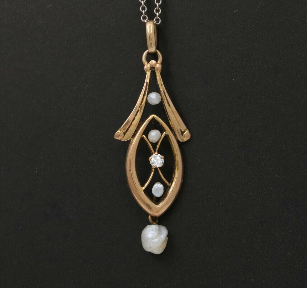 Art Nouveau Diamond Seed Pearls 10K Yellow Gold Pendant