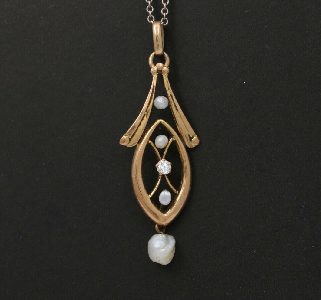 Art Nouveau Diamond Seed Pearls 10K Yellow Gold Pendant