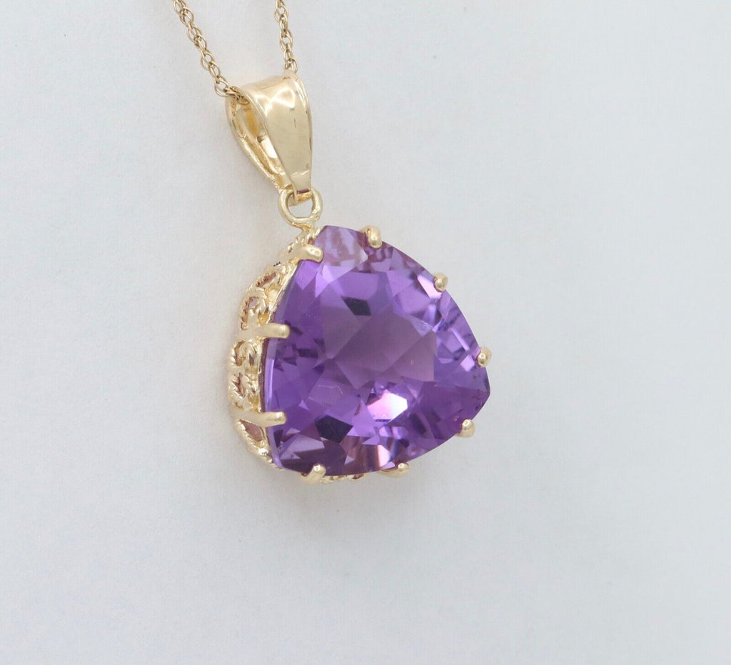 Vintage Triangle Checkerboard Cut Amethyst 14K Yellow Gold Pendant